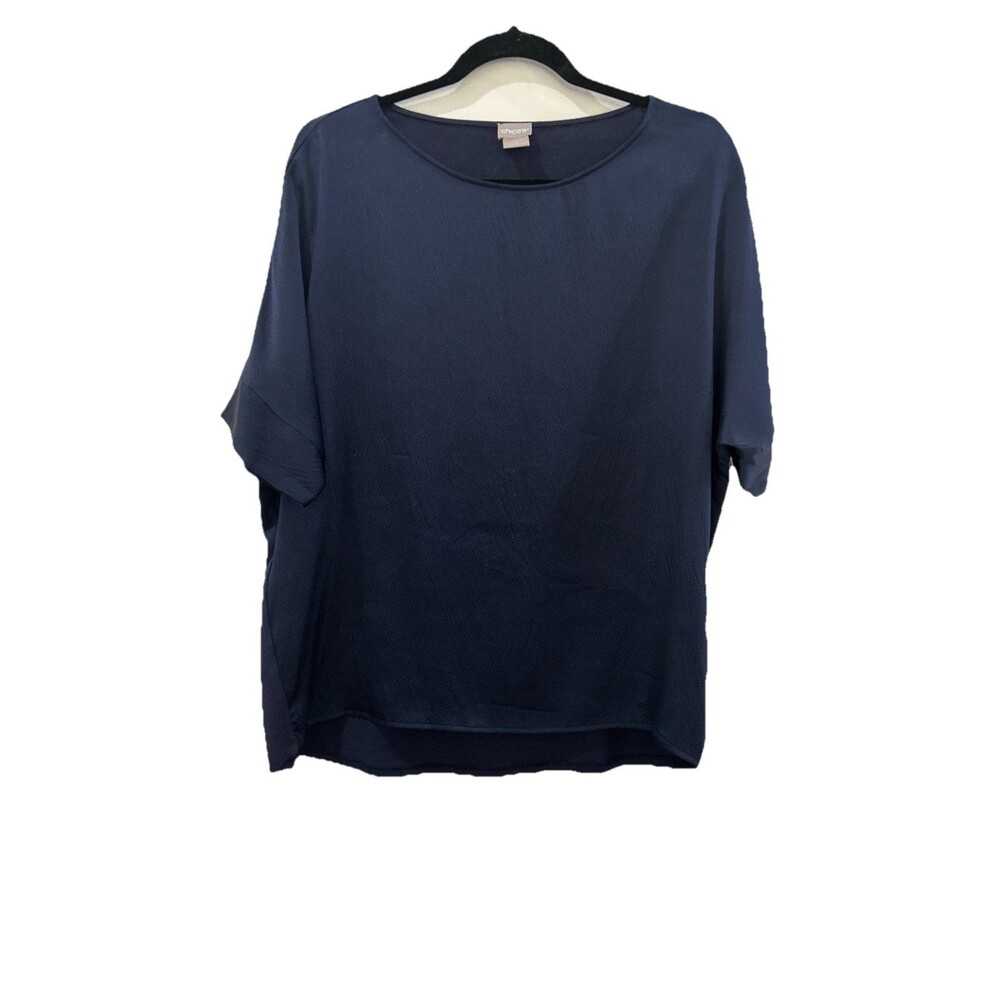 Chicos Size 1 Womens M Top Navy Short Sleeve Boat Neckline Pullover